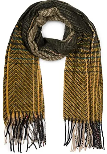styleBREAKER Damen Feinstrick Schal mit bunt gestreiftem Zick-Zack Muster und Fransen, warme Winter Stola mehrfarbig 01017149, Farbe:Oliv-Camel