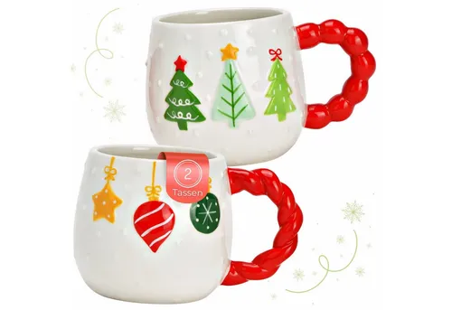 matches21 HOME & HOBBY Tasse Kaffeetassen 2er Set weiß mit rotem Henkel & Winterdekor, 2-tlg., Keramik, Jumbo Weihnachts-Tassen aus Keramik 415 ml
