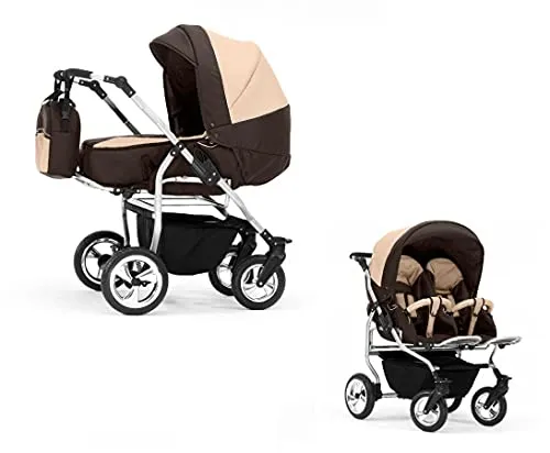 Elcar Zwillingskinderwagen 2 in 1 Duo Twin inkl. Sportsitze - 11 Teile - Braun-Cappuccino