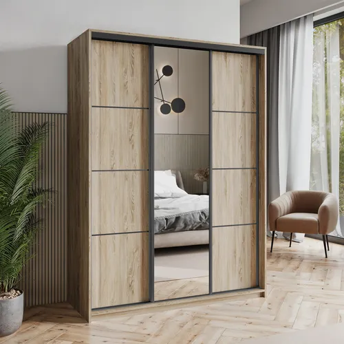 Masseno Schiebetürenschrank VARO 150 cm - Schiebetürenschrank mit Spiegel, 3-türig und 4 Schubladen – ideal für modernen Stauraum und optimale Raumnutzung in Ihrem Schlafzimmer. Aus Sonoma Eiche mit robustem Aluminiumschiebetürsystem.
