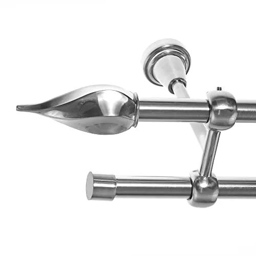 BASIT Gardinenstange I Edelstahl Look Metall Ø 16mm I Vorhangstange I Gardinenstangenset I Deckenbefestigung I 2 läufig mit Deckenmontage I Spitze gedreht I Länge 140 cm I Design D24 E14 E17