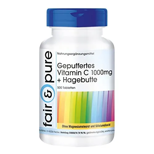 Fair & Pure® - Gepuffertes Vitamin C 1000mg + Hagebutte - 500 Tabletten Calcium-L-Ascorbat - Großpackung, hochdosiert - vegan - deutsche Qualitätsherstellung