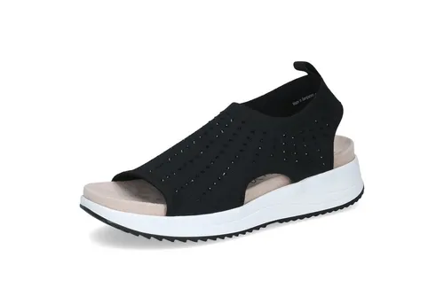 CAPRICE Damen Sandalen flach mit weichem Fußbett, Schwarz (Black Knit) - Wanderschuhe mit innovativem Memory-Schaumstoff-Fußbett für ergonomischen Komfort und Gelenkschutz – ideal für Alltag und besondere Anlässe.