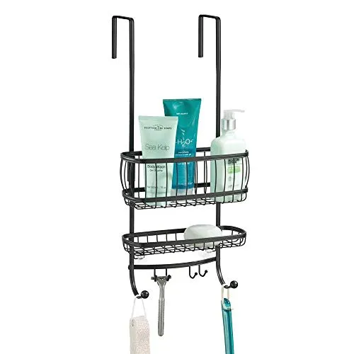 mDesign Duschablage zum Hängen über die Duschtür - praktisches Duschregal ohne Bohren - mit Saugnäpfen und 4 Haken - Duschkorb zum Hängen für Shampoo, Rasierer und Co. aus Metall - mattschwarz