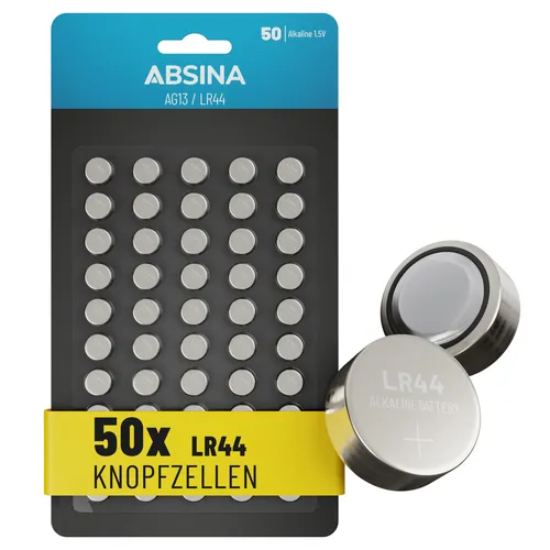 ABSINA 50x AG13 LR44 Knopfzelle 1,5V Alkaline - Knopfzellen Batterien Batterie