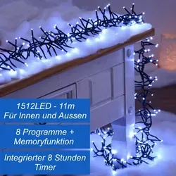 LED Clusterlichterkette 11m kaltweiss mit Timer und Beleuchtungsprogrammen 1512
