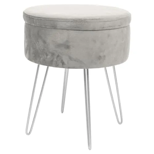 Harbour Housewares 1x Grey/Silber H45 x D36cm Runden Samt-Fußhocker mit Stauraum - Wohnzimmer Schminktisch Fußbank Ottomane Sitzpuff Stuhl Sitz