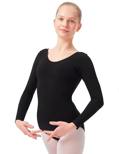 tanzmuster ® Ballettanzug Mädchen Langarm - Lilly - aus Baumwolle, Ballettbody Kinder Ballett Trikot in schwarz, Größe 80/86