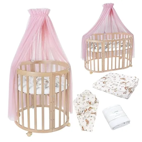 Waldin Babybett Mobiles Babybett OWAL 7in1 aus Holz - Gitterbett mit 7 Kombinationen, aus FSC-zertifiziertem Holz, mit verstellbarer Bodenhöhe und inklusive Matratze. Ideal als Beistellbett und Laufstall für Ihr Baby.