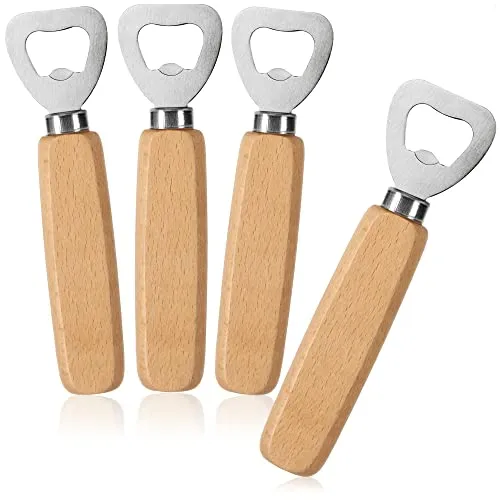 com-four® 4x Flaschenöffner aus rostfreiem Edelstahl - mit ergonomischem Buchenholz-Griff - Kapselheber ohne Logo - formschöner Bierflaschenöffner (04 Stück - Holz)