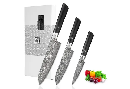 zayiko Black Edition Damastmesser 3er Set - Premium Küchenmesser - Kochmesser Set aus 67-lagigem Damaststahl mit ergonomischen Pakkaholzgriffen, perfekt für Links- und Rechtshänder. Jedes Messer ein Unikat, ideal als Geschenk und für müheloses Kochen.