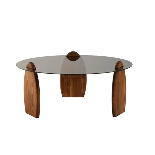 Modern Coffee Table, 90 cm x 90 cm x 41 cm | 100% Tempered Glass & Pine Solid Wood Frame | Elegant Chesnut & Fume Colors, Perfect for Any Living Space