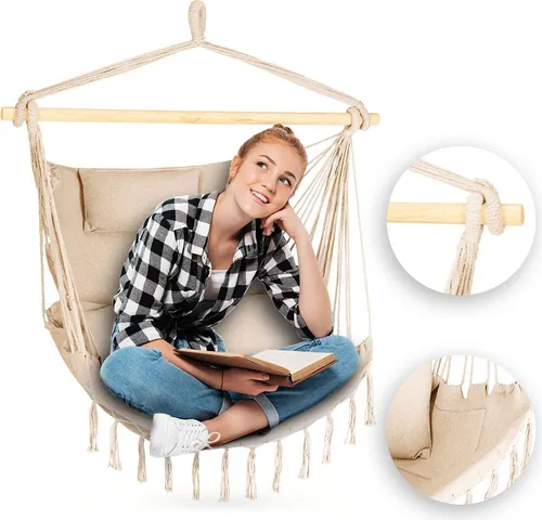 Outtec Hängesessel Beige – Boho-Stil für Garten & Balkon - Hängesessel im zeitlosen Boho-Stil, ideal für entspannte Tage im Freien. Strapazierfähiges Material mit 140 kg Tragkraft, perfekt für Garten oder Balkon.