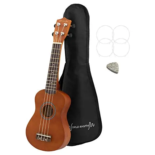 World Rhythm Sopran-Ukulele für Anfänger, natürliches Finish, mit Gigbag, Ersatz-Ukulele-Saiten und Filz-Plektrum, natur, WR-302