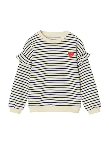 Vertbaudet Mädchen Ringel-Sweatshirt mit Volantärmeln - Marine 122 - Stylisches Sweatshirt mit maritimem Streifenmuster und Herz-Print. Die Volantdetails an den Ärmeln verleihen einen verspielten Look, ideal für den Alltag und besondere Anlässe.