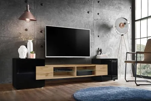 Komodee Merano Bank TV Schrank, Schwarz Wotan Schwarz - TV-HALTERUNGEN: Geräumiger Schrank für Fernseher und Soundsystem, gefertigt aus langlebigen Materialien. Ideal für Wohnzimmer und Schlafzimmer, Maße 230 x 52,5 x 35 cm.