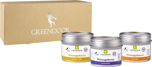 GREENDOOR Geschenk Set Massagekerzen – Wellness für Zuhause - Entdecken Sie die drei beliebtesten GREENDOOR Massagekerzen in einem stilvollen Geschenkkarton. Ideal für entspannende Massagen mit natürlichen Düften und optimaler Hautverträglichkeit. Perfekt für besondere Anlässe!