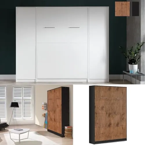 QMM TraumMoebel Schrankbett Wandbett Wandklappbett vertikal VB 140x200 mit Lattenrost und 2 Schränken weiß, Eiche Sonoma Lancelot schwarz Schlafzimmer Set neu (Eiche Lancelot & Schwarz)