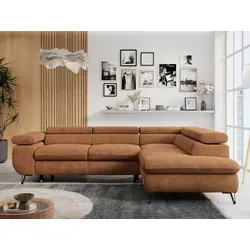 Ecksofa Peter L-Form Orange mit Schlaffunktion - Ecksofa mit praktischem Bettkasten und verstellbaren Kopfstützen, ideal für stilvolle Wohnzimmer und hohen Komfort.