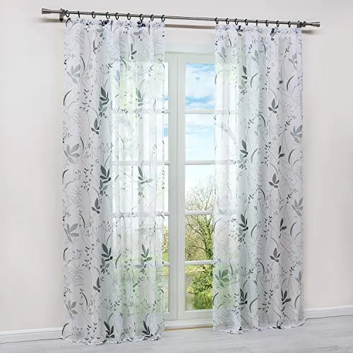HongYa 1 Stück Transparenter Vorhang Voile Gardine Schal mit Kräuselband Fensterschal H/B 145/140 cm Blatt Muster