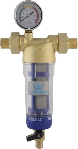TOPWAY Wasservorfilter waschbar und wiederverwendbar Sediment-Wasserfilter Wasserhahn Wasserfilter Osmose Vorfilter Edelstahl 60 Mikron, mit Manometer 150203