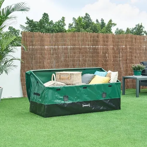 casa.pro Gartenbox Alanno – 560 L Aufbewahrungsbox für Garten und Outdoor - Auflagenbox aus wasserdichter Plane mit 560 Litern Stauraum, ideal für Gartenutensilien und wetterbeständig dank pulverbeschichtetem Stahl.