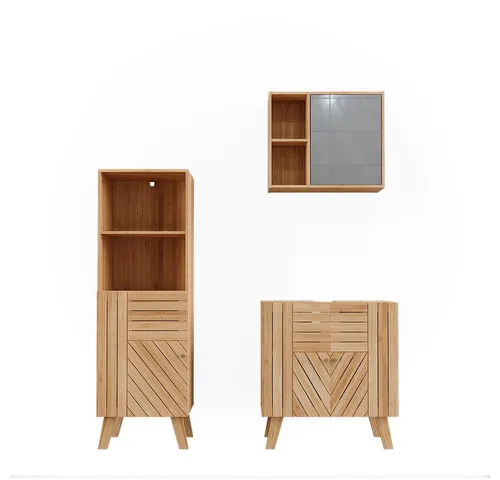 Vicco Badmöbel-Set Lucie, 3-teilig aus Bambus - Badmöbel-Set Lucie, elegantes Design mit Waschbeckenunterschrank und Spiegelschrank für optimalen Stauraum und Stil in Ihrem Badezimmer.