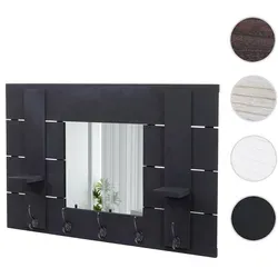 Wandgarderobe HWC-C89 mit Spiegel - Shabby-Look Vintage, dunkelgrau - Garderobe mit Spiegel und 5 Haken, ideal für den Flur. Aus stabilem Paulowniaholz, vereint sie rustikalen Charme mit praktischer Funktionalität und zwei Ablageflächen.