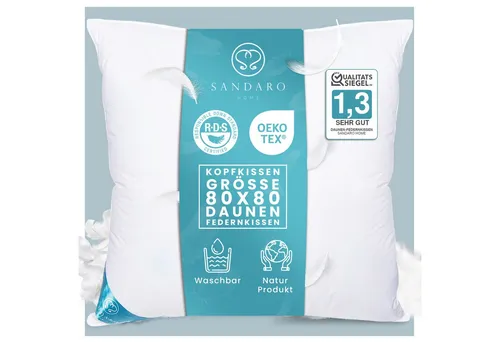 Sandaro Home Daunenkissen 1600g, 80x80 cm, 3-Kammern-System - Hochwertiges Daunenkissen mit 1600 g Füllung für optimalen Schlafkomfort. Der Bezug aus 100% Baumwolle sorgt für ein angenehmes Schlafklima. Ideal für Allergiker und mit geprüfter Qualität.