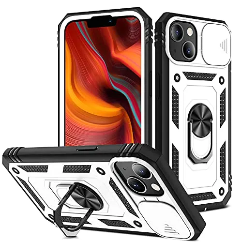 2ndSpring Kameraschutz Hülle kompatibel mit iPhone 13 Mini 5.4, Hybrid Schutzhülle Standard Stoßfest Case 360 Metall Ring Halter Handy Hüllen Cover,Weiß Schwarz
