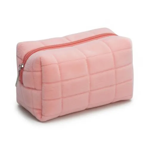 Kosmetiktasche Plüsch – Flauschiger Makeup-Beutel mit Reißverschluss, weicher Kultur- & Waschbeutel, Schminktasche kompakt für Reise, Sport & Alltag (Rosa)