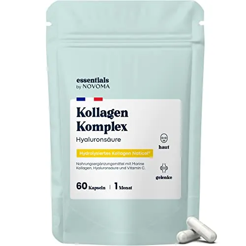 Kollagen Kapseln Mit Hyaluronsäure und Vitamin C, 60 Kapseln (1 Monat), Für Haut, Knochen und Gelenke, 800mg Naticol Marine Collagen Kapseln Hochdosiert Hydrolysat Typ 1, Essentials von Novoma