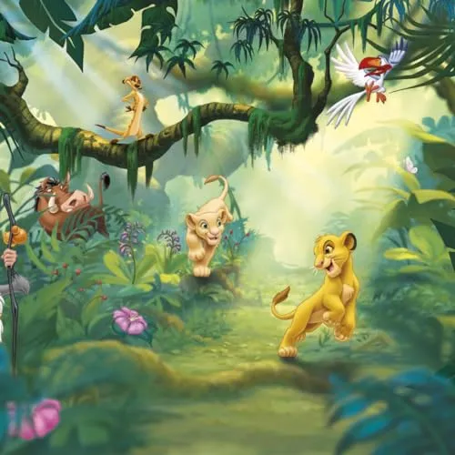 Disney Fototapete - LION KING JUNGLE - Größe 368 x 254 cm - Tapete für Kinderzimmer mit Simba und Freunden, umweltfreundlich und geruchsfrei, für ein traumhaftes Dschungelambiente.