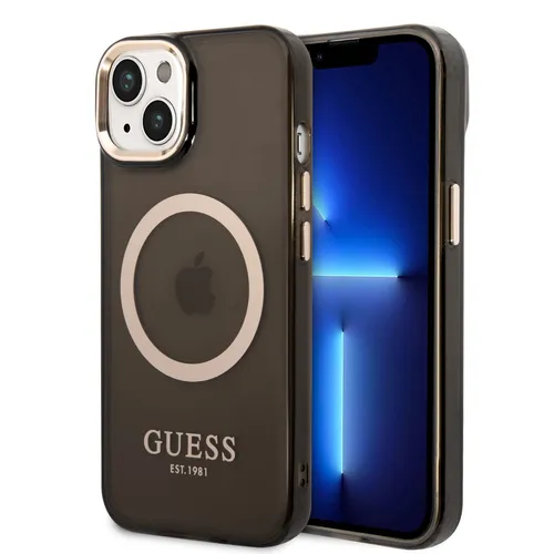 Guess Hülle für iPhone 14 Hülle hard Case Gold Outline Translucent MagSafe
