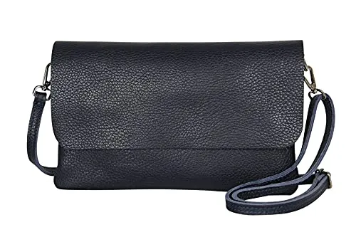AMBRA Moda GLX11 - Damen Umhängetasche, Clutch, Handytasche aus echtem Leder mit abnehmbarem und verstellbarem Schultergurt, geeignet für Handys und Tablets bis zu 7 Zoll (Dunkelblau)