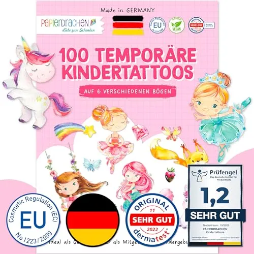 Papierdrachen 100 hautfreundliche Kindertattoos - Tattoos mit Einhörnern, Meerjungfrauen, Prinzessinnen - als Geburtstagsmitgebsel & Geschenkidee für Kinder - vegan & geprüft