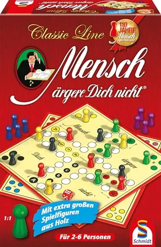 Schmidt Spiele 49085 Classic Line, Mensch ärgere Dich Nicht, mit extra großen Spielfiguren aus Holz, Bunt