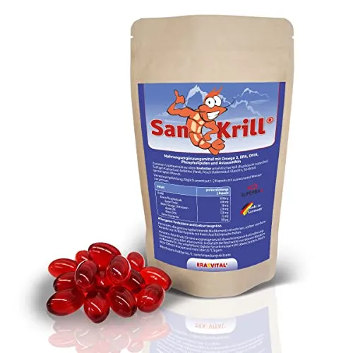 Krill-Öl SanKrill 60 Kapseln je 500 mg Superba Antarktis Krillöl mit hochdosiertes Omega 3 Fettsäuren (EPA, DHA) und Astaxanthin