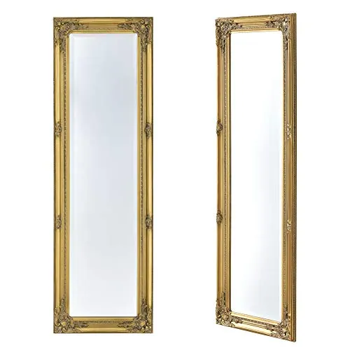 en.casa Wandspiegel »Livorno« - Eleganter Ganzkörperspiegel im Barock-Stil, 132 x 42 cm, aus Eukalyptusholz in goldfarben - ein stilvolles Highlight für jeden Raum.