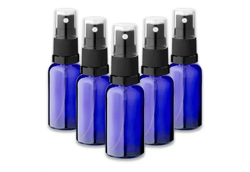 CK Verpackung GmbH Pipettenflasche 5x Blaue Glasflasche 30 ml mit schwarzem Zerstäuber Sprükopf Pumpspray