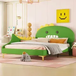 Flieks Polsterbett 140x200cm mit Dinosaurierkopfteil - Kinderbett mit Rausfallschutz - Das Flieks Polsterbett begeistert mit einem einzigartigen Dinosaurier-Design und sorgt für Sicherheit beim Schlafen. Hochwertiges Kunstleder erleichtert die Reinigung, ideal für Kinderzimmer und kreative Einrichtungsstile.