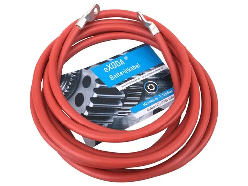 eXODA Batteriekabel 25 mm² 7,50 m mit Ringösen M8 Rot - Hochwertiges Kfz-Überbrückungskabel mit flexibler PVC-Ummantelung für zuverlässige Stromübertragung. Ideal für den professionellen Einsatz im Auto oder als Ladegerät-Kabel.