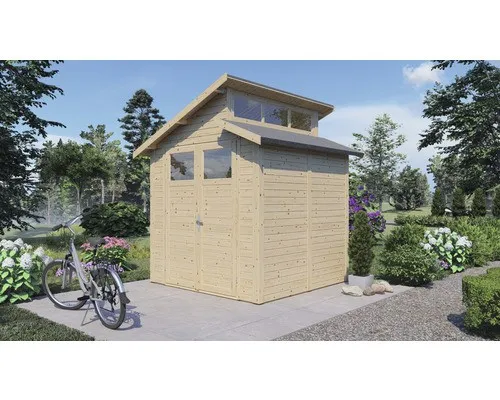 Gerätehaus Konsta Studio Basic 246 x 240 cm - Gartenhaus mit Pultdach und Fußboden, aus hochwertigem Holz gefertigt, ideal für die Aufbewahrung von Gartengeräten und Zubehör.