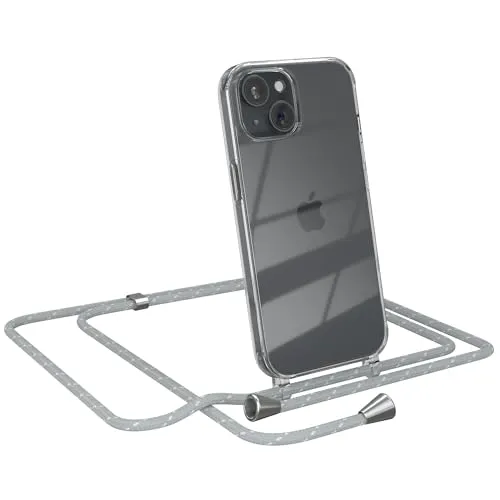 EAZY CASE Handykette kompatibel mit iPhone 15 Handyhülle mit Umhängeband, Handykordel mit Schutzhülle, Silikonhülle, Hülle mit Band, Stylische Kette für Smartphones, Grau/Weiß - Clips Silber