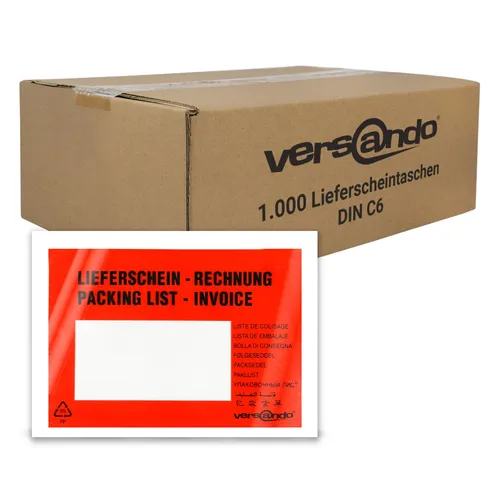 Lieferscheintaschen versando C6, rot/schwarz, selbstklebend, 1000 Stück