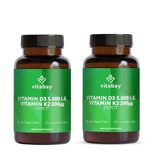 Vitabay Vitamin D3 + K2 Depot – 360 vegane Tabletten – hochdosiert – 5000 IE Premium Vitamin D3 mit K2-MK7 All-Trans – ohne Zusätze – vegan & laborgeprüft in Deutschland – 2er Bundle