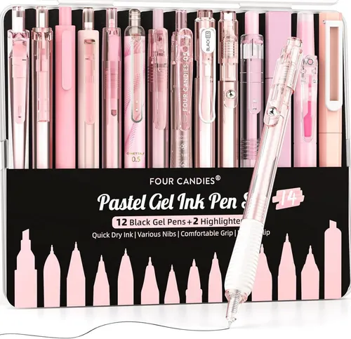 Gel Stifte Set – 12 Schwarze Tintenstifte + 2 Textmarker - Praktisches Set für kreative Köpfe: 12 schwarze Gelstifte und 2 leuchtende Textmarker. Ideal für Notizen und Zeichnungen, sorgt für klare und präzise Ergebnisse.