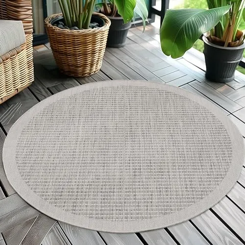 Teppium Modern Outdoor Teppich Wetterfest 160 cm Rund Grau- Flachgewebe Sisaloptik Balkon Teppich Wasserfest - Waschbarer Teppich für Garten, Terrasse, Camping und Küche