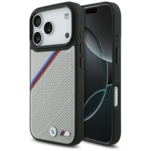 BMW iPhone 17 Pro Handyhülle mit M Tricolor Logo - Exklusive MagSafe Schutzhülle für iPhone 17 Pro in Grau, kombiniert elegantes Design mit optimalem Schutz und kabellosem Laden durch integrierte Magnete.