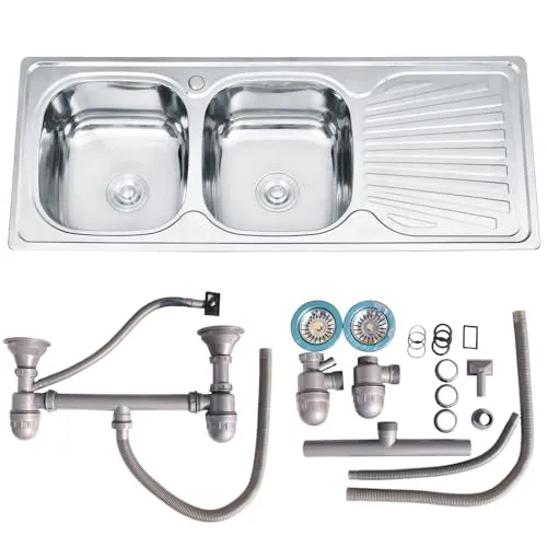 Melko Edelstahlspüle 2 Becken - Doppelspüle aus hochwertigem Edelstahl mit Abtropffläche, ideal für große Küchen. Inklusive umfangreichem Zubehör-Paket für einfache Installation und Nutzung.